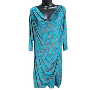 Clara Sun Woo Teal Jersey Knit Faux Wrap Draped Sheath Dress Size M